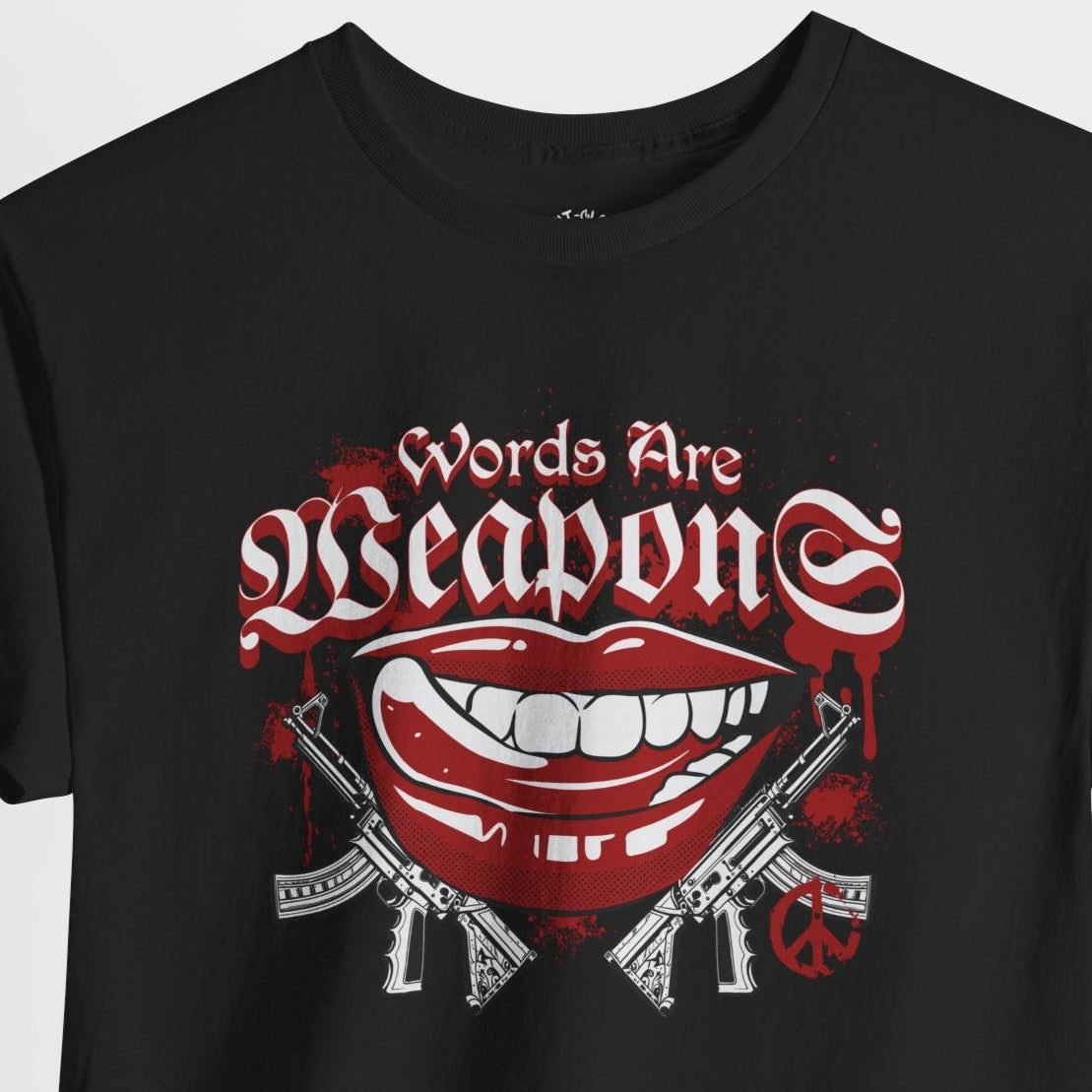 Words Are Weapons Tee — Graphic Statement T‑Shirt with Red Lips & Guns