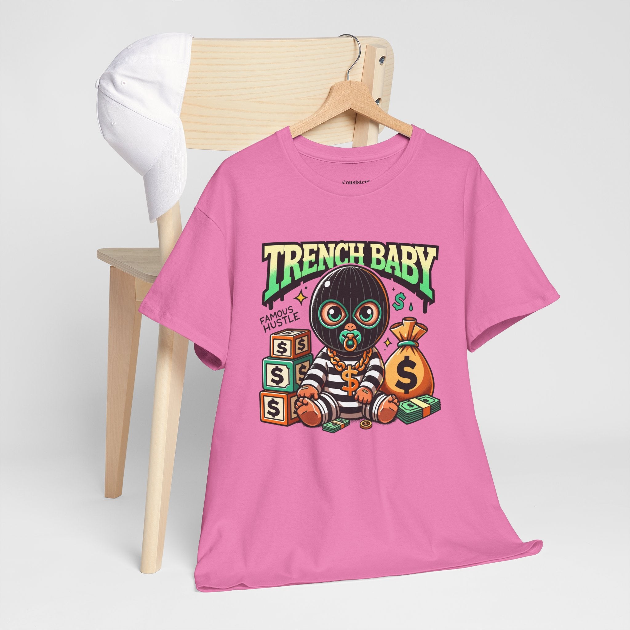 Trench Baby Tee — Graphic Streetwear Shirt with Money Mask Baby Design