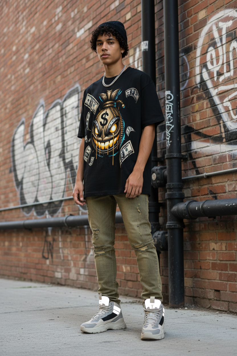 Black t-shirt with a graphic design of a money bag with a face and dollar signs, surrounded by dollar bills on a white background.
