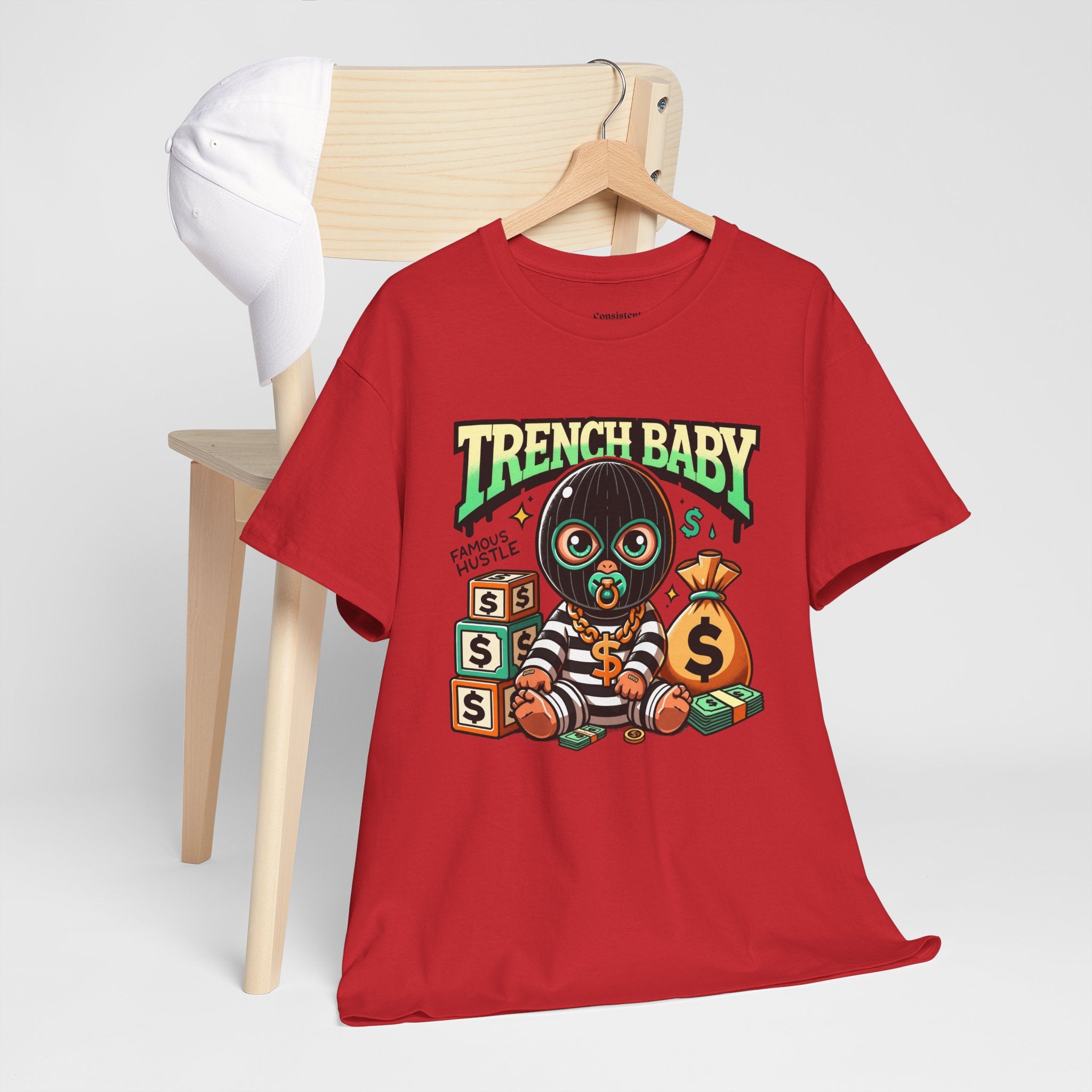Trench Baby Tee — Graphic Streetwear Shirt with Money Mask Baby Design