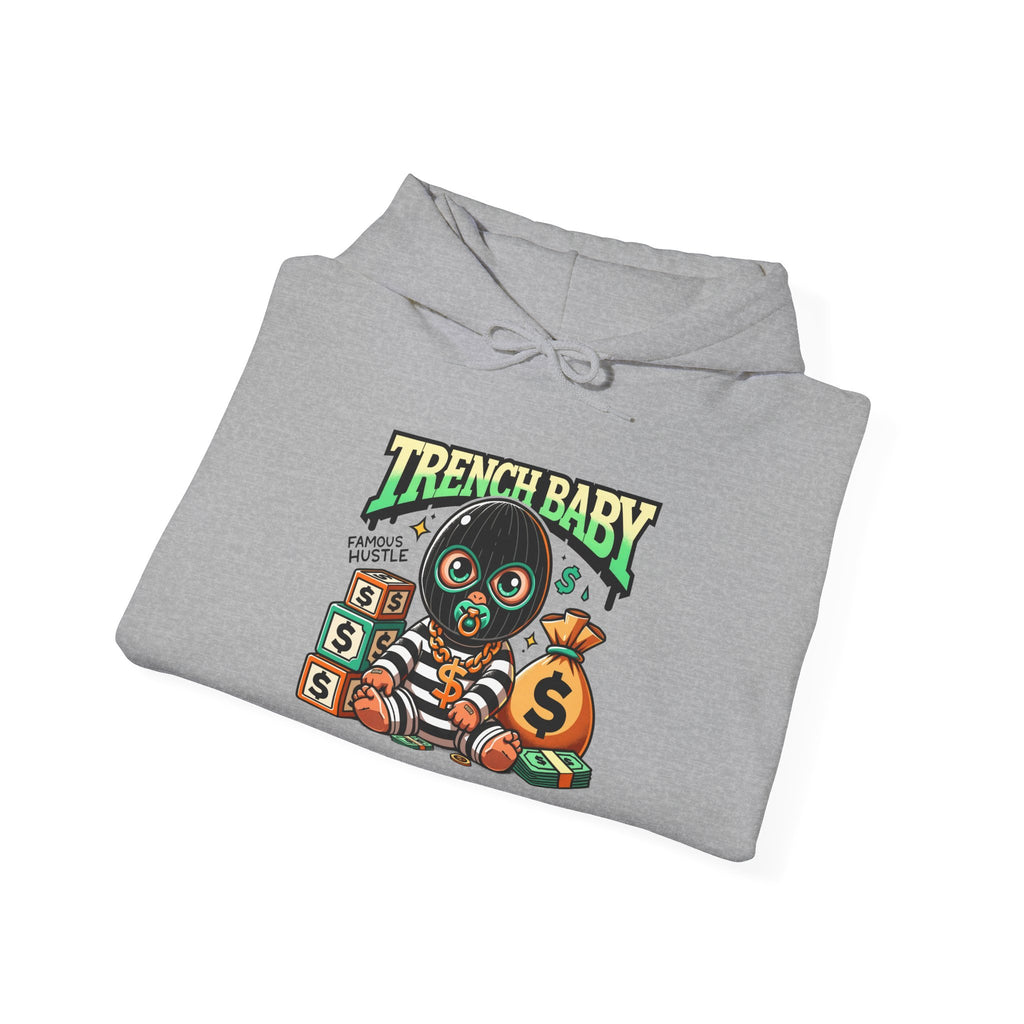 Trench Baby Character Hoodie | Cartoon Baby with Stacks and Money Bag