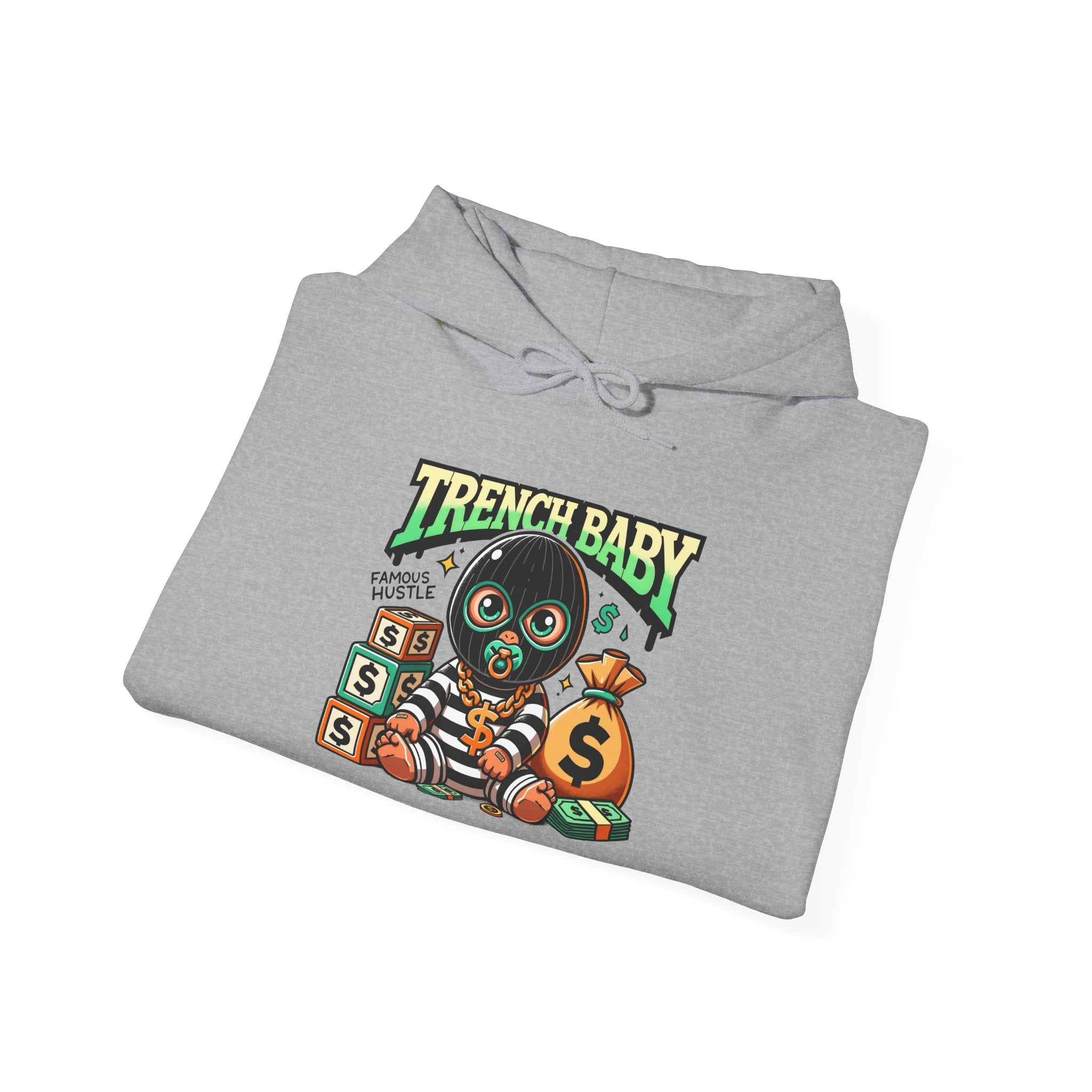 Trench Baby Character Hoodie | Cartoon Baby with Stacks and Money Bag