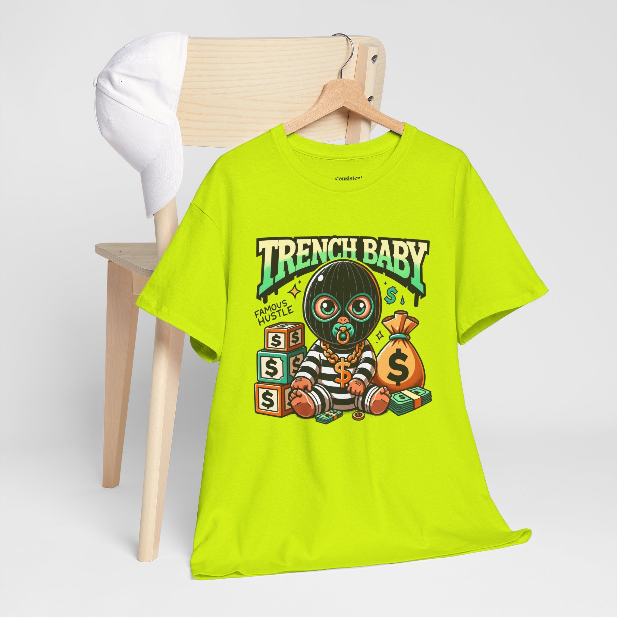 Trench Baby Tee — Graphic Streetwear Shirt with Money Mask Baby Design