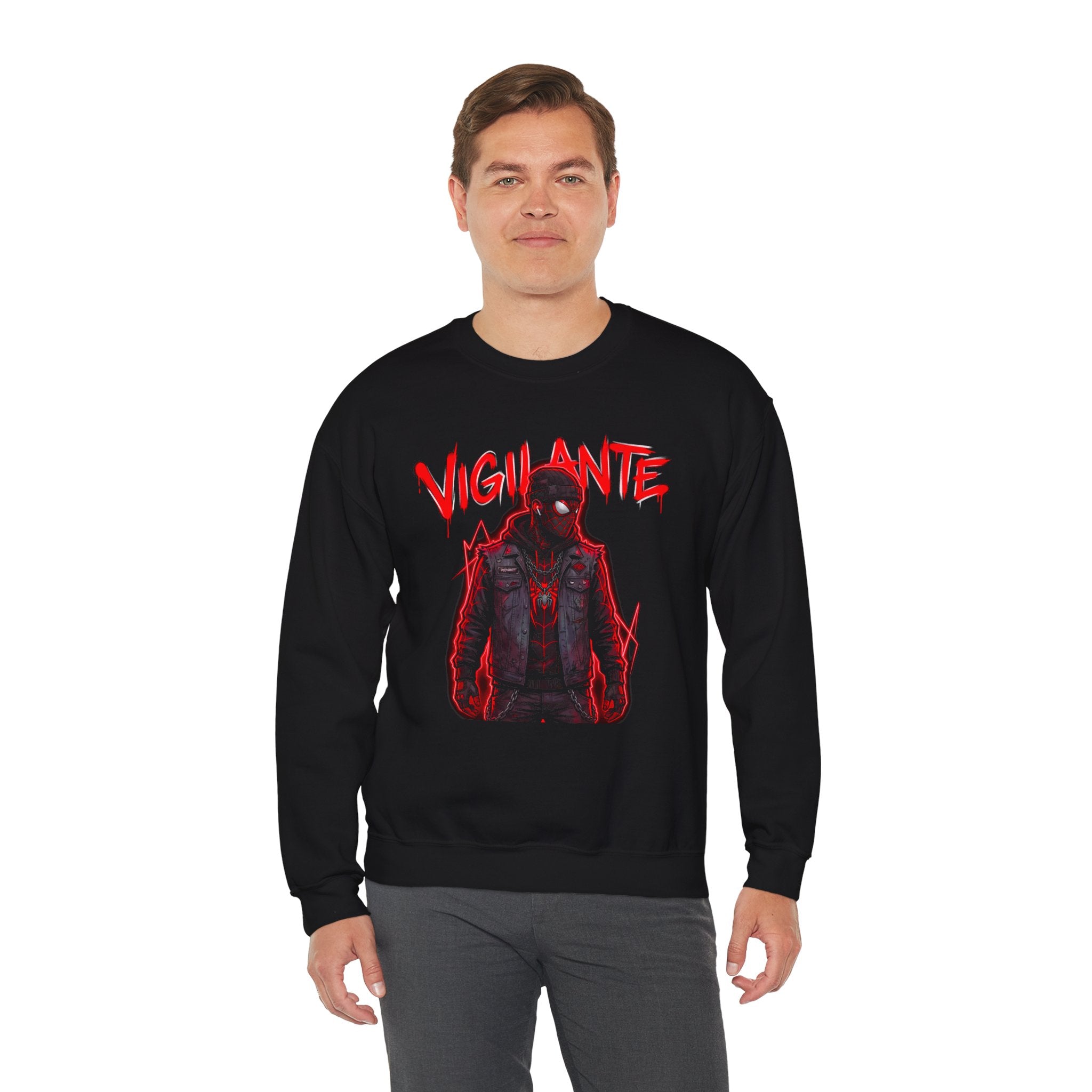 Vigilante Graphic Sweatshirt — Red Neon Urban Streetwear Crewneck