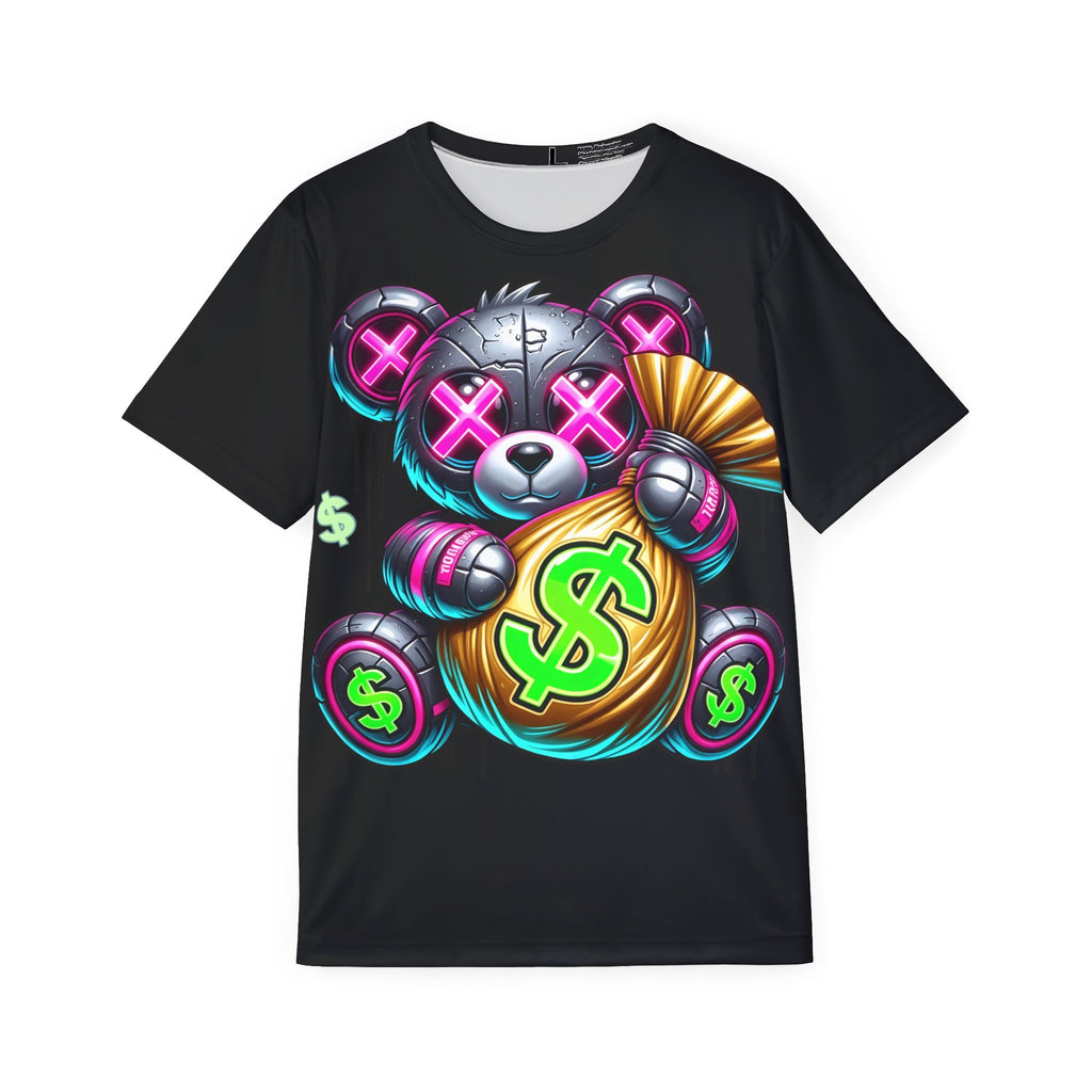 Money Bear Graphic Jersey Tee — Men's Black Sports Shirt with Neon Dollar Design