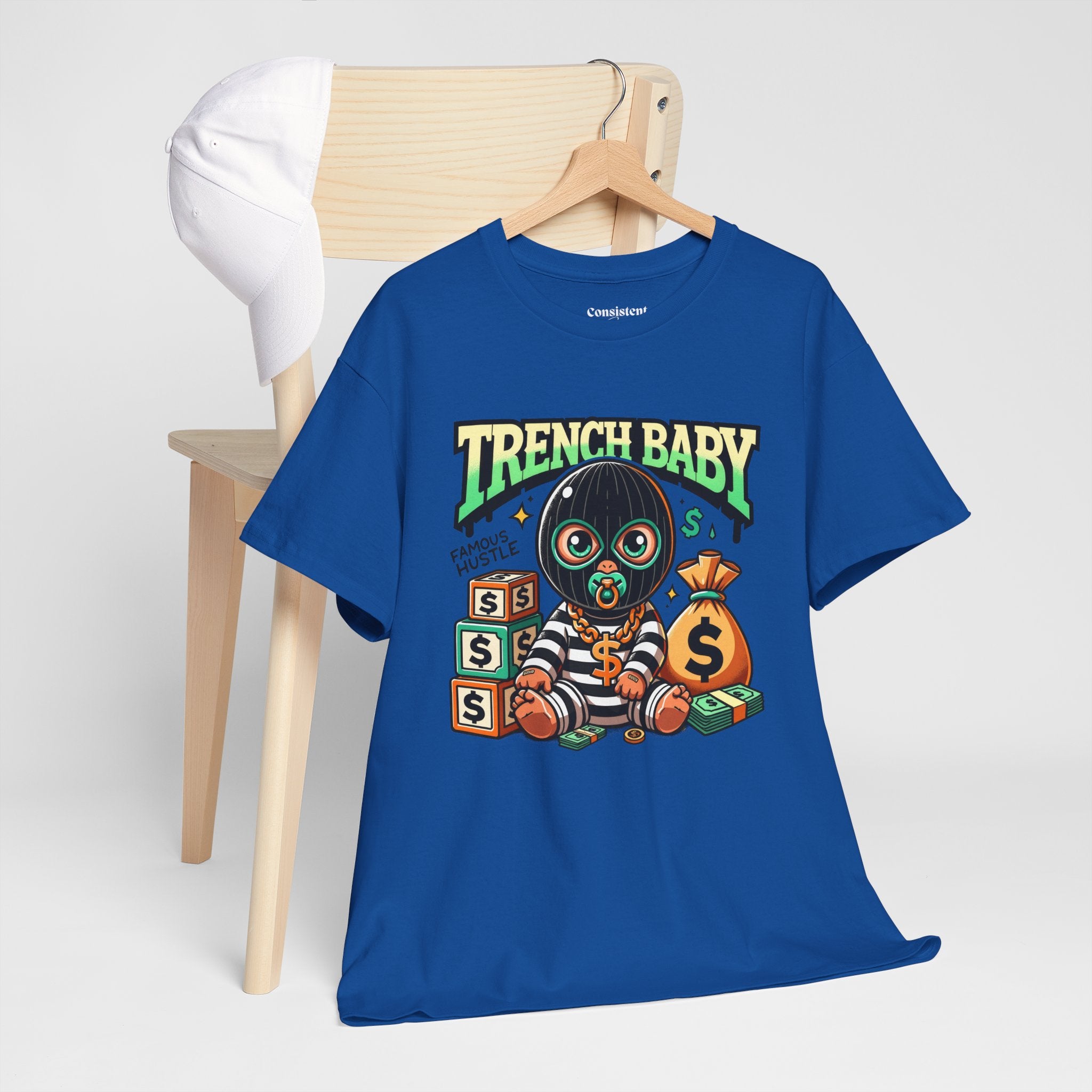 Trench Baby Tee — Graphic Streetwear Shirt with Money Mask Baby Design