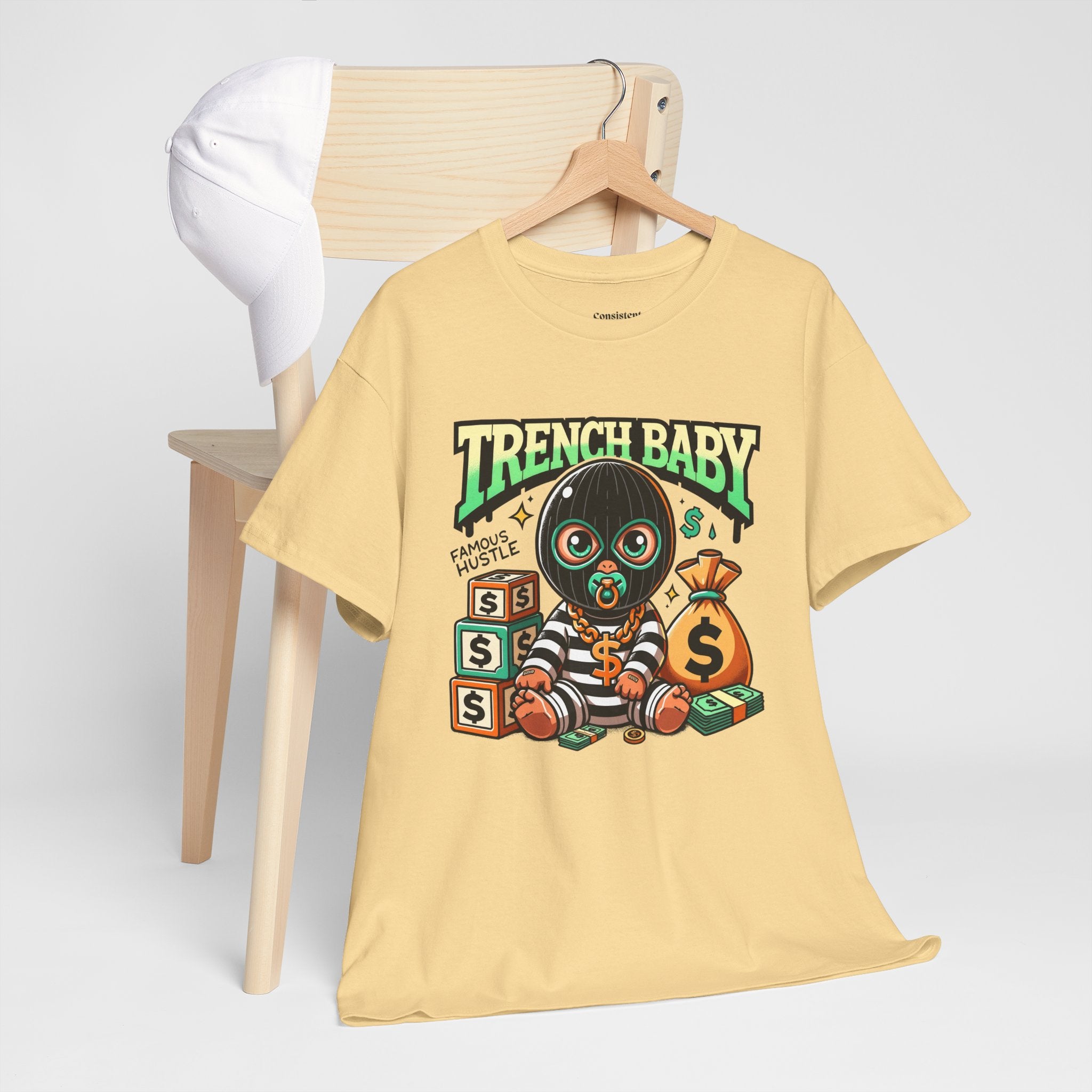 Trench Baby Tee — Graphic Streetwear Shirt with Money Mask Baby Design