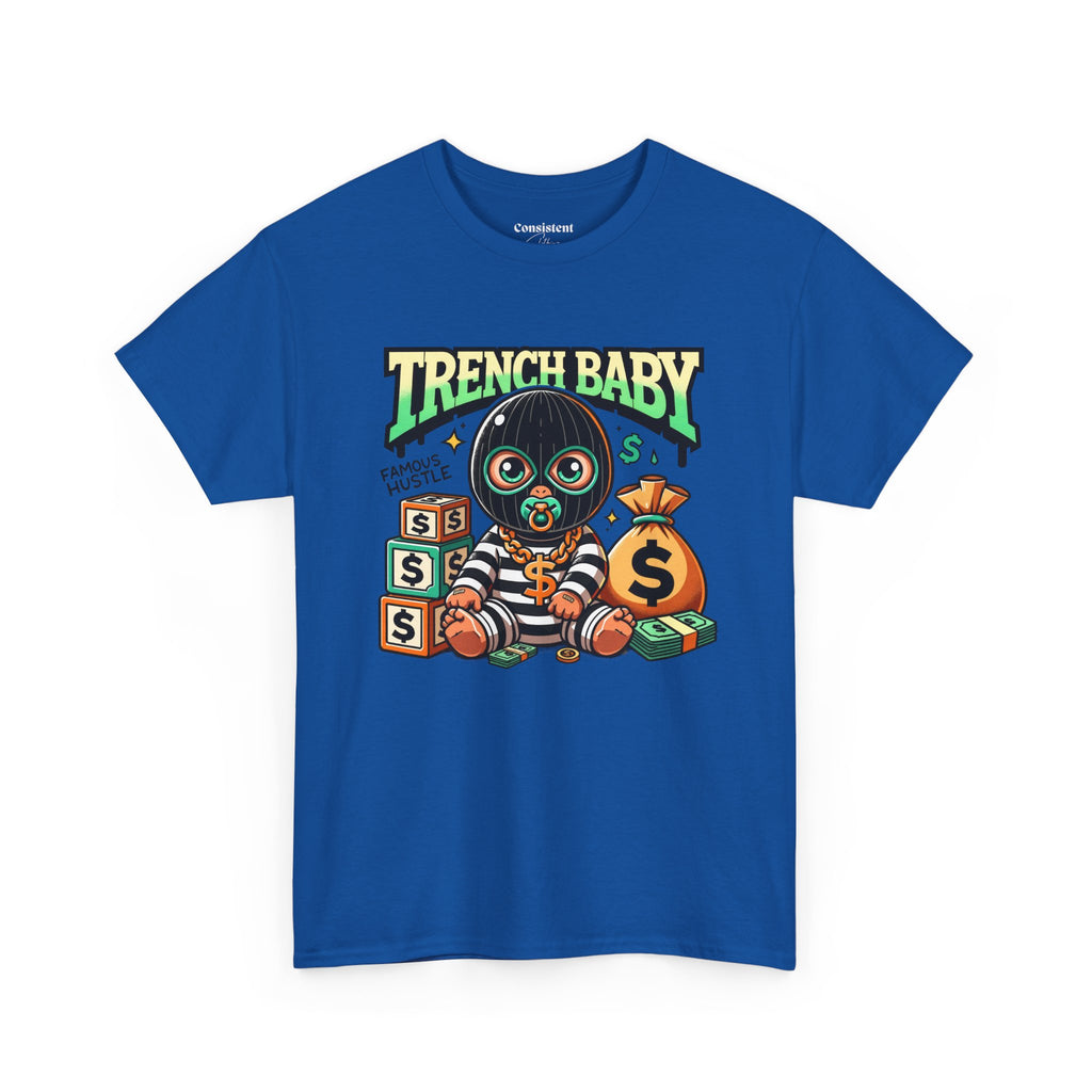 Trench Baby Tee — Graphic Streetwear Shirt with Money Mask Baby Design