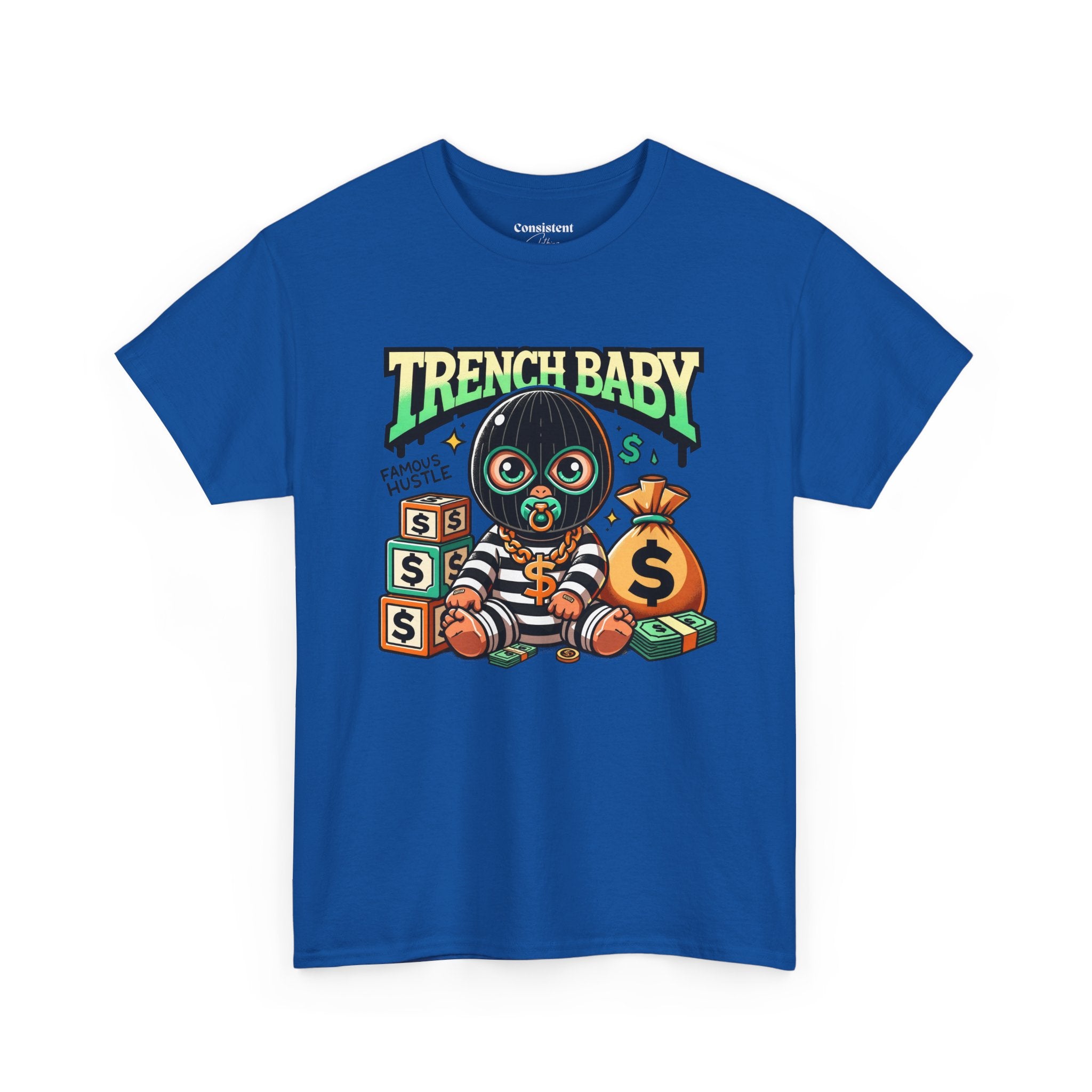 Trench Baby Tee — Graphic Streetwear Shirt with Money Mask Baby Design