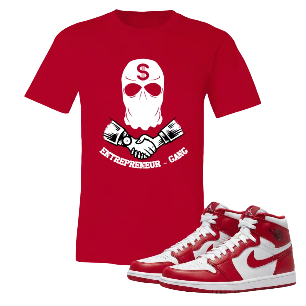 Red t-shirt with a graphic design and red high-top sneakers on a white background